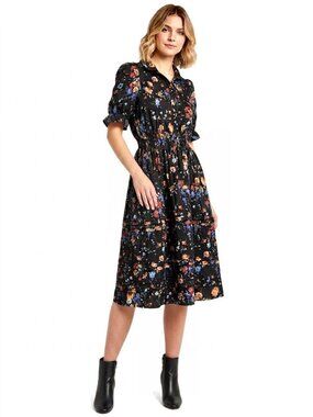 Adam Lippes Black Multi-Floral Print 100% Silk Shirtdress, Womens Size 2